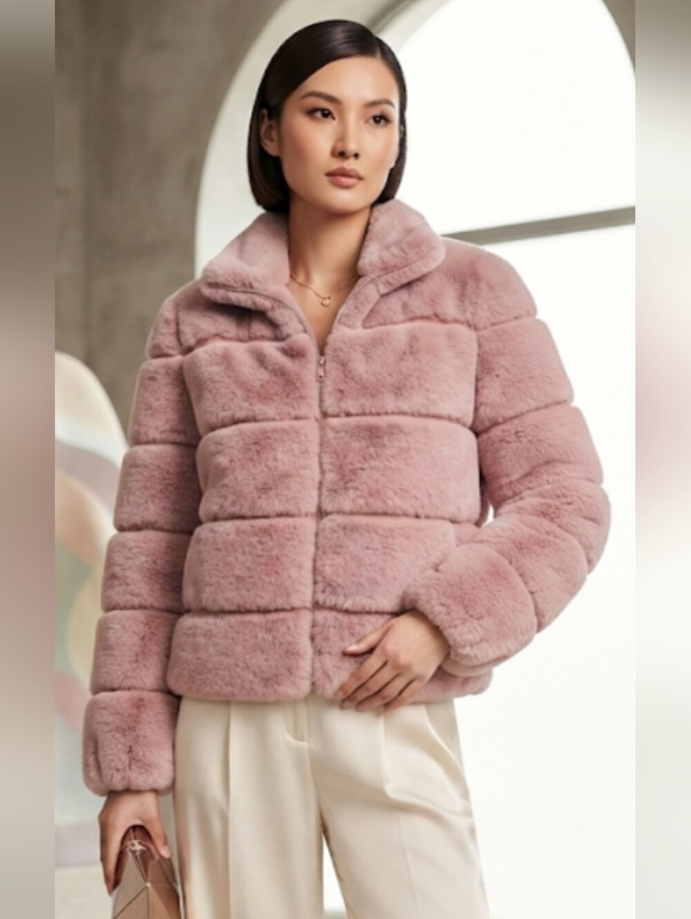 Love Token Plush Faux Fur Puffer Jacket in Dusty Pink
